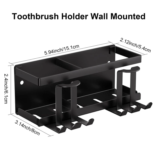Alt view image 6 of 7 - Wall Mounted Toothbrush Holders for Bathroom, Self Adhesive or Drill, Black | Sturdy Metal Large Capacity Storage Tray, Organizer for Toothpaste, Razor, Bathroom Accessories, RV Hanging Shower Rack