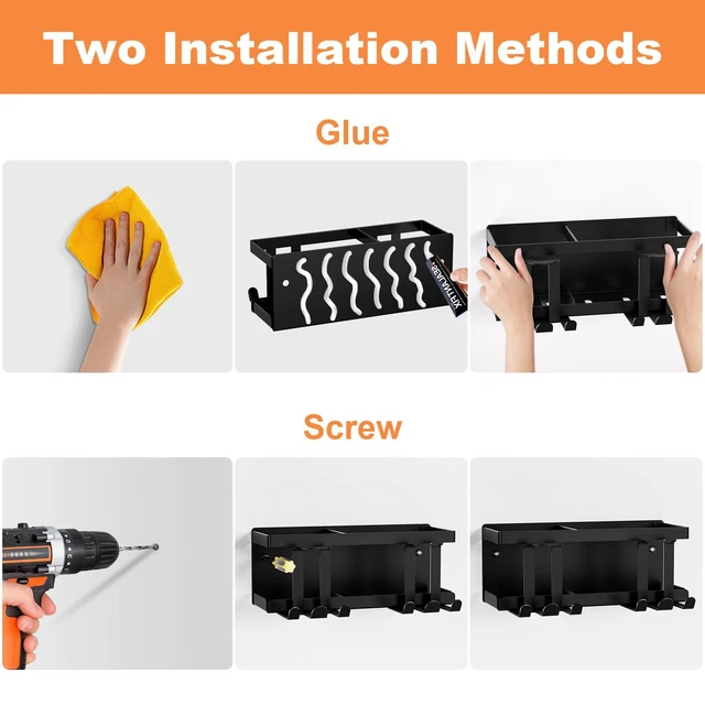 Alt view image 4 of 7 - Wall Mounted Toothbrush Holders for Bathroom, Self Adhesive or Drill, Black | Sturdy Metal Large Capacity Storage Tray, Organizer for Toothpaste, Razor, Bathroom Accessories, RV Hanging Shower Rack