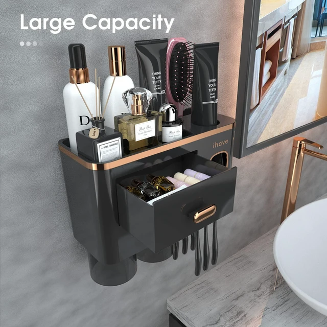 Alt view image 2 of 7 - Toothbrush Holders Bathrooms Wall Mount Toothpaste Dispenser & 2 Cups | Luxury White & Gold Bathroom Decor:2 Cups, 6 Slots, Toothpaste Dispenser, Large Tray & Drawer Wall Mount Toothbrush Organizer