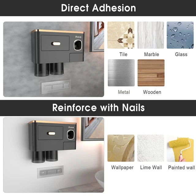Alt view image 4 of 7 - Toothbrush Holders Bathrooms Wall Mount Toothpaste Dispenser & 2 Cups | Luxury White & Gold Bathroom Decor:2 Cups, 6 Slots, Toothpaste Dispenser, Large Tray & Drawer Wall Mount Toothbrush Organizer