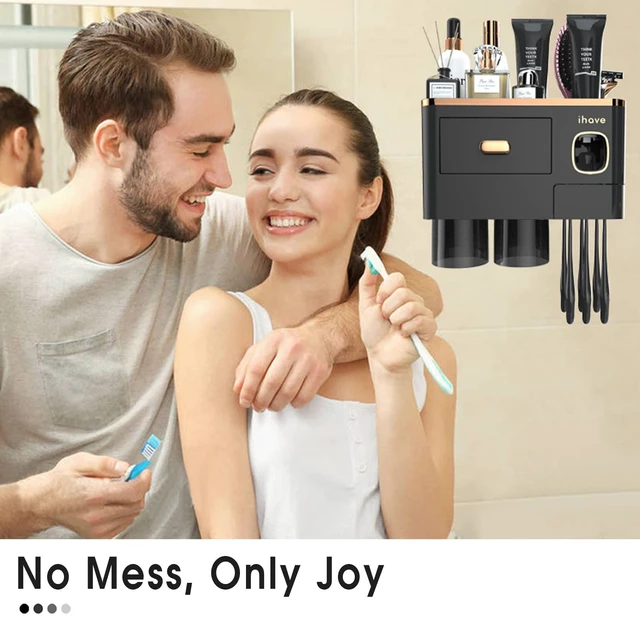 Alt view image 6 of 7 - Toothbrush Holders Bathrooms Wall Mount Toothpaste Dispenser & 2 Cups | Luxury White & Gold Bathroom Decor:2 Cups, 6 Slots, Toothpaste Dispenser, Large Tray & Drawer Wall Mount Toothbrush Organizer