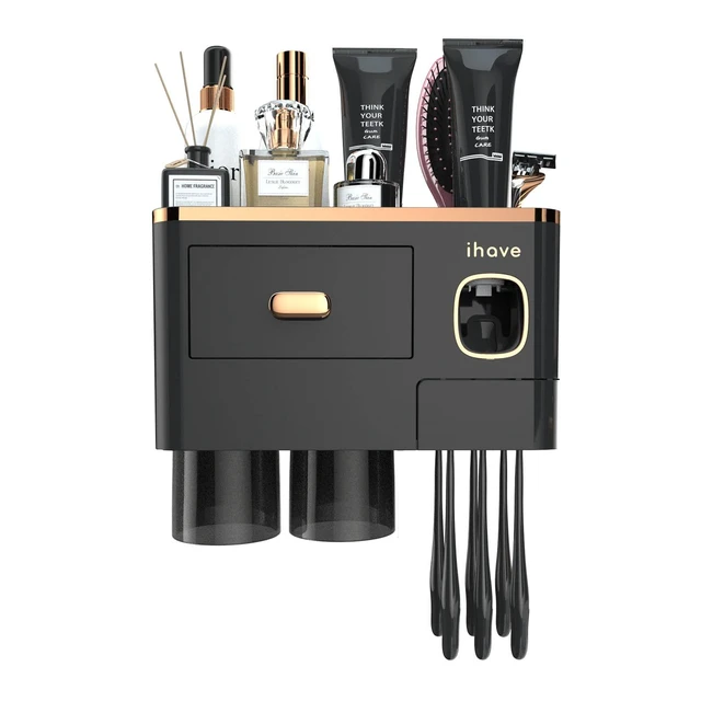 Alt view image 7 of 7 - Toothbrush Holders Bathrooms Wall Mount Toothpaste Dispenser & 2 Cups | Luxury White & Gold Bathroom Decor:2 Cups, 6 Slots, Toothpaste Dispenser, Large Tray & Drawer Wall Mount Toothbrush Organizer