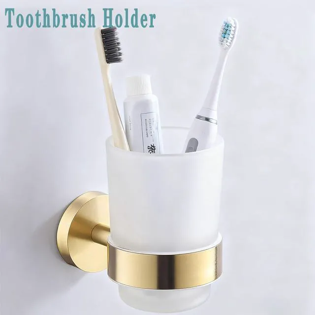 Alt view image 2 of 7 - Toothbrush Holder Cup,Wall Mounted Toothbrush Holder Brushed Gold,304 Stainless Steel Holder with Frosted Glass Cup for Bathroom Decorative Accessories