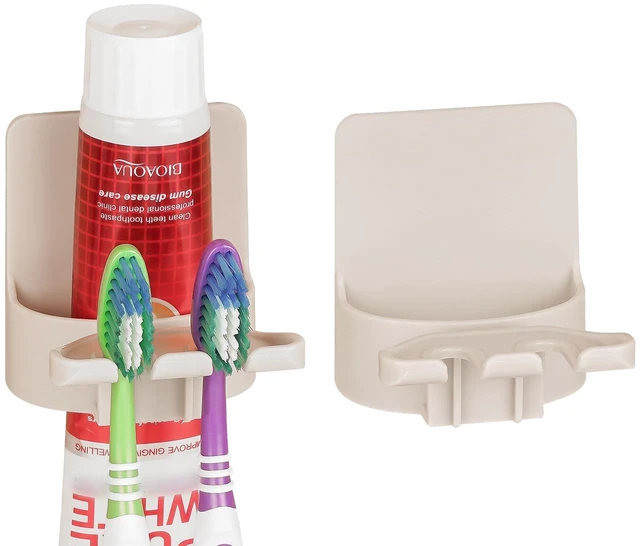 Main image of 2 PCS Self-Adhesive Toothbrush Holders Wall Mounted, Water Proof Toothbrush Hook, 3 in 1 with Toothbrush Hanger Toothpaste Holder and Gargle Cup Holder for Bathroom Shower (Beige)