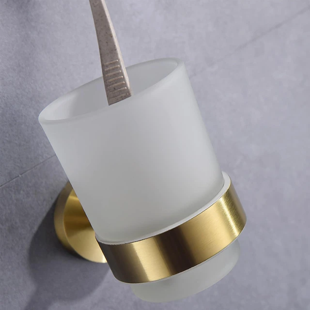 Alt view image 3 of 7 - Toothbrush Holder Cup,Wall Mounted Toothbrush Holder Brushed Gold,304 Stainless Steel Holder with Frosted Glass Cup for Bathroom Decorative Accessories
