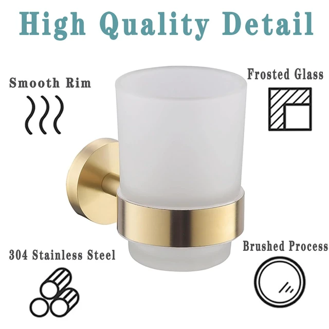 Alt view image 4 of 7 - Toothbrush Holder Cup,Wall Mounted Toothbrush Holder Brushed Gold,304 Stainless Steel Holder with Frosted Glass Cup for Bathroom Decorative Accessories