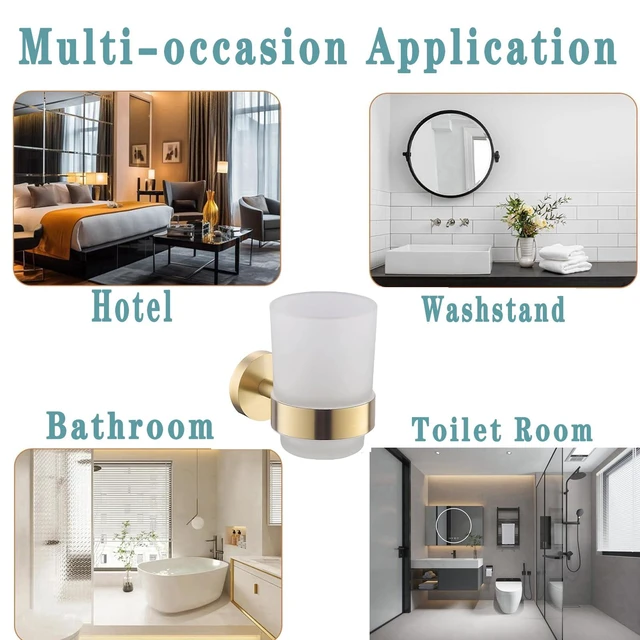 Alt view image 6 of 7 - Toothbrush Holder Cup,Wall Mounted Toothbrush Holder Brushed Gold,304 Stainless Steel Holder with Frosted Glass Cup for Bathroom Decorative Accessories