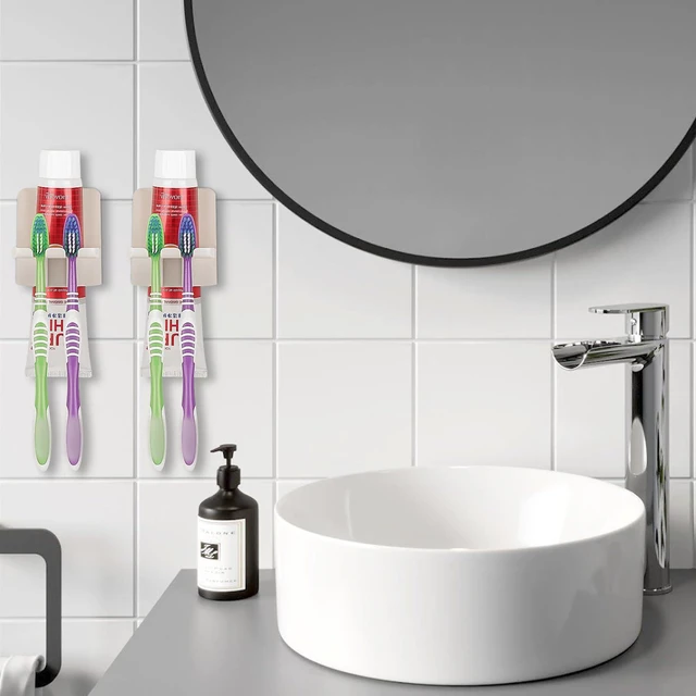 Alt view image 7 of 7 - 2 PCS Self-Adhesive Toothbrush Holders Wall Mounted, Water Proof Toothbrush Hook, 3 in 1 with Toothbrush Hanger Toothpaste Holder and Gargle Cup Holder for Bathroom Shower (Beige)