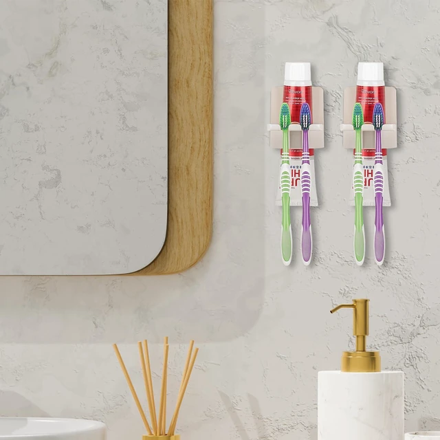 Alt view image 6 of 7 - 2 PCS Self-Adhesive Toothbrush Holders Wall Mounted, Water Proof Toothbrush Hook, 3 in 1 with Toothbrush Hanger Toothpaste Holder and Gargle Cup Holder for Bathroom Shower (Beige)