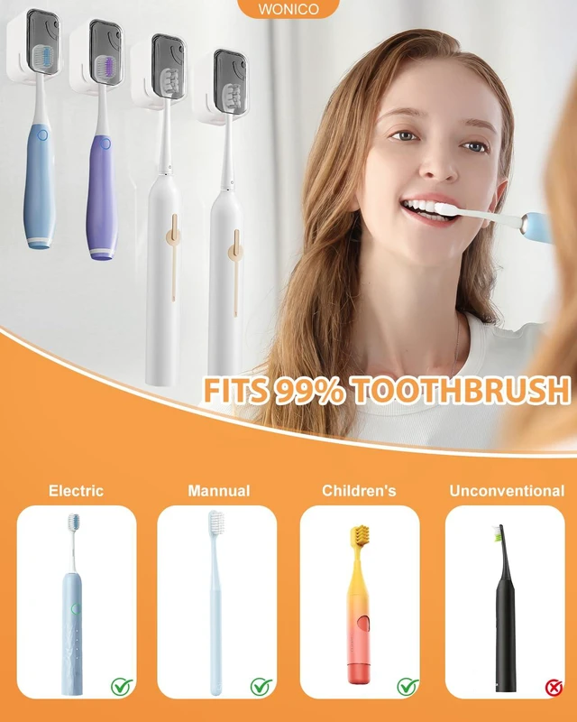 Alt view image 7 of 7 - 4 Pack Adhesive Wall Mount Toothbrush Holder - Waterproof Bathroom & Shower Organizer, No Drill Stick On Hanger for Manual/Electric Toothbrushes, Space Saving Storage Solution