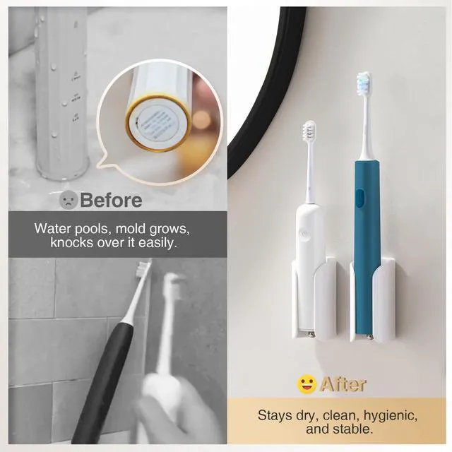 Alt view image 3 of 7 - Electric Toothbrush Holder for Bathroom, Adhesive Toothbrush Stand | Compact Electric Toothbrush Organizer, Wall Mount for Mirrors/Tiles, White, Pack of 2