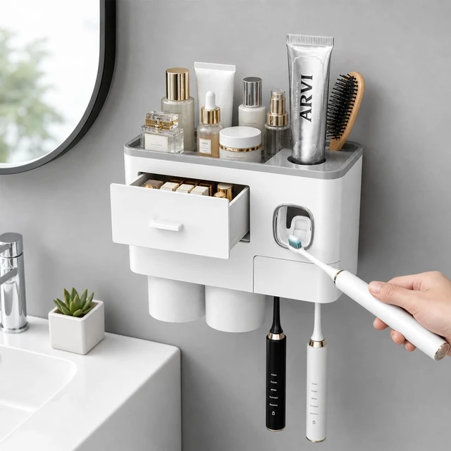 Main image of Toothbrush Holders Bathroom Accessories with Toothpaste Dispenser, 2 Cups Toothbrush Holder Wall Mounted Bathroom Decor (Grey and White
