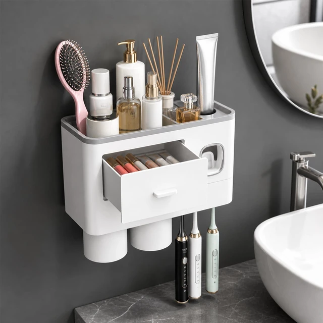 Alt view image 2 of 7 - Toothbrush Holders Bathroom Accessories with Toothpaste Dispenser, 2 Cups Toothbrush Holder Wall Mounted Bathroom Decor (Grey and White