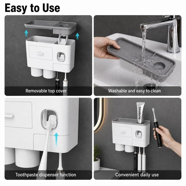 Alt view image 7 of 7 - Toothbrush Holders Bathroom Accessories with Toothpaste Dispenser, 2 Cups Toothbrush Holder Wall Mounted Bathroom Decor (Grey and White