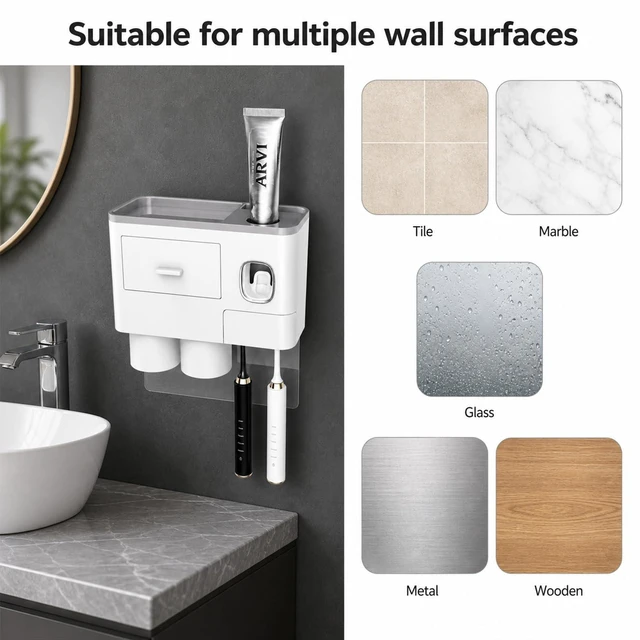 Alt view image 4 of 7 - Toothbrush Holders Bathroom Accessories with Toothpaste Dispenser, 2 Cups Toothbrush Holder Wall Mounted Bathroom Decor (Grey and White