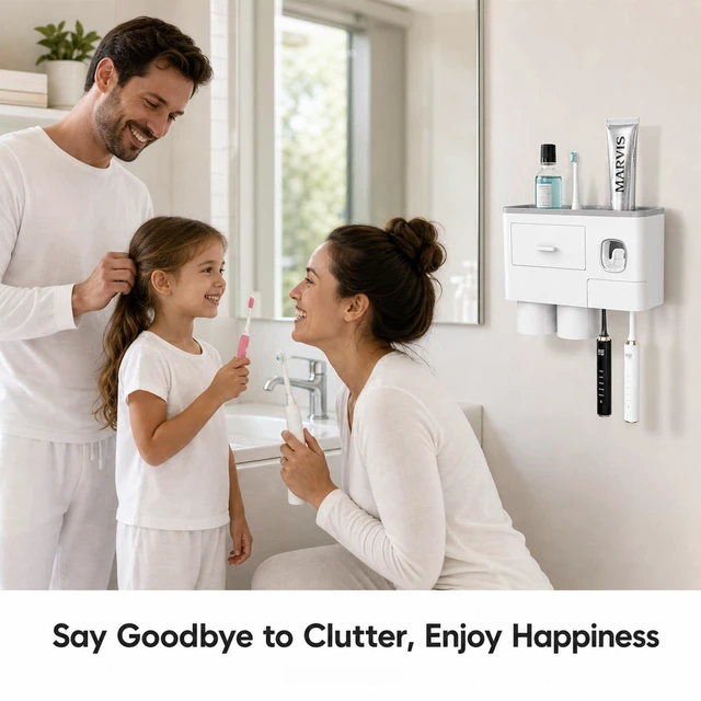 Alt view image 6 of 7 - Toothbrush Holders Bathroom Accessories with Toothpaste Dispenser, 2 Cups Toothbrush Holder Wall Mounted Bathroom Decor (Grey and White