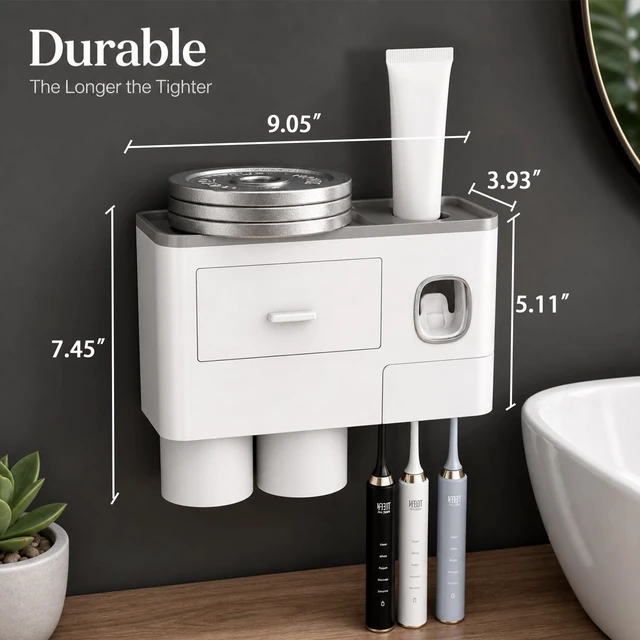Alt view image 5 of 7 - Toothbrush Holders Bathroom Accessories with Toothpaste Dispenser, 2 Cups Toothbrush Holder Wall Mounted Bathroom Decor (Grey and White