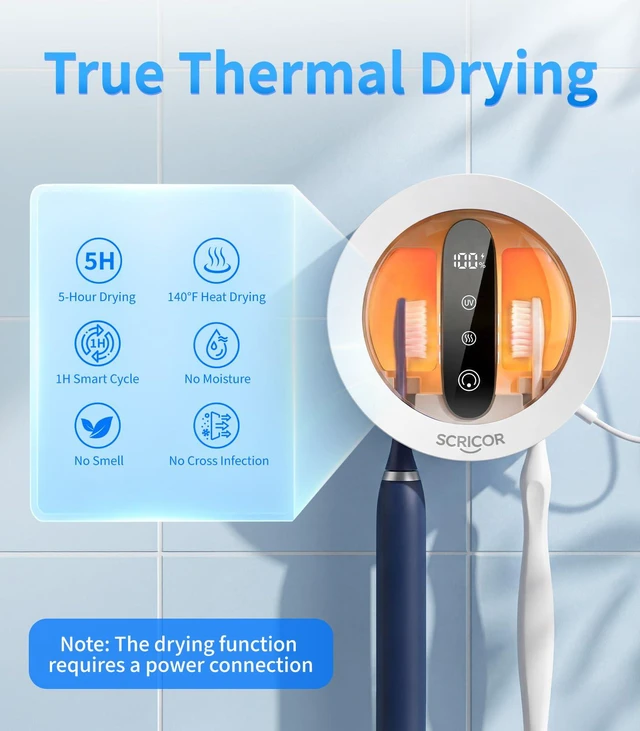 Alt view image 3 of 7 - Toothbrush Holder with Dual UV & Heated Drying Wall Mounted 2026 | Upgraded Toothbrush Organizer for Bathroom Type-C Rechargeable Covered 2-Slot Storage for Manual and Electric Toothbrushes