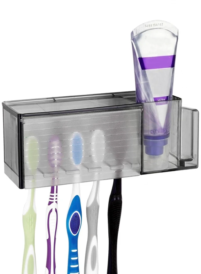 Main image of 5 Slots Wall Mount Toothbrush Holder with Cover for Bathroom, Plastic Storage Organizer for Toothpaste, Gargle Cup, Compatible with Oral-B Cross Action, Colgate Renewal (Gray)