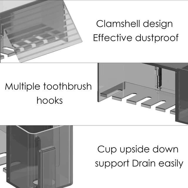 Alt view image 3 of 7 - 5 Slots Wall Mount Toothbrush Holder with Cover for Bathroom, Plastic Storage Organizer for Toothpaste, Gargle Cup, Compatible with Oral-B Cross Action, Colgate Renewal (Gray)