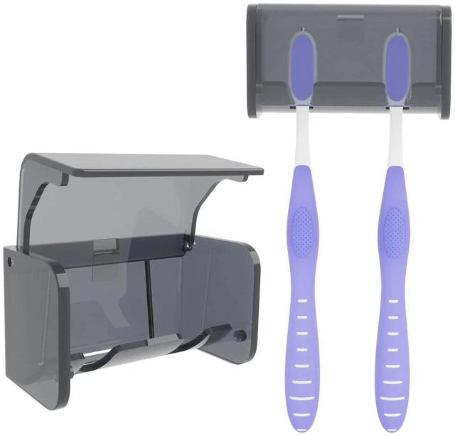 Main image of Toothbrush Holder Wall Mounted with Cover for Bathroom, 2 Slots Toothbrush Storage Organizer for Shower, Self Adhesive Toothbrush Hanger Rack for Dorm, Cabinet (Grey)