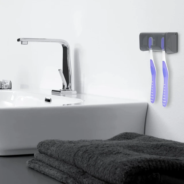 Alt view image 3 of 6 - Toothbrush Holder Wall Mounted with Cover for Bathroom, 2 Slots Toothbrush Storage Organizer for Shower, Self Adhesive Toothbrush Hanger Rack for Dorm, Cabinet (Grey)