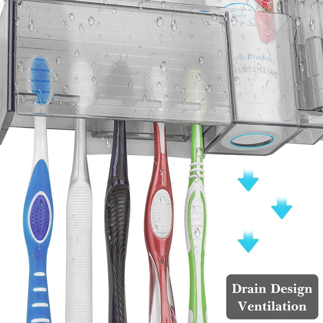 Alt view image 2 of 7 - 5 Slots Wall Mount Toothbrush Holder with Cover for Bathroom, Plastic Storage Organizer for Toothpaste, Gargle Cup, Compatible with Oral-B Cross Action, Colgate Renewal (Gray)