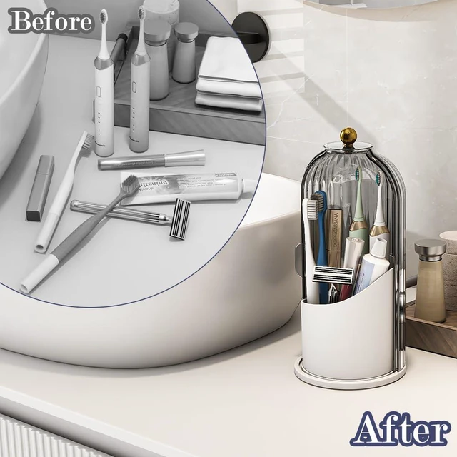 Alt view image 4 of 7 - Waterproof Toothbrush Holder with 180° Rotating Cover, Grey White | Dustproof, 360° Rotating Base, Smooth Sliding Lid, Toothpaste Holder, 3 Slots, for Bathroom Countertop