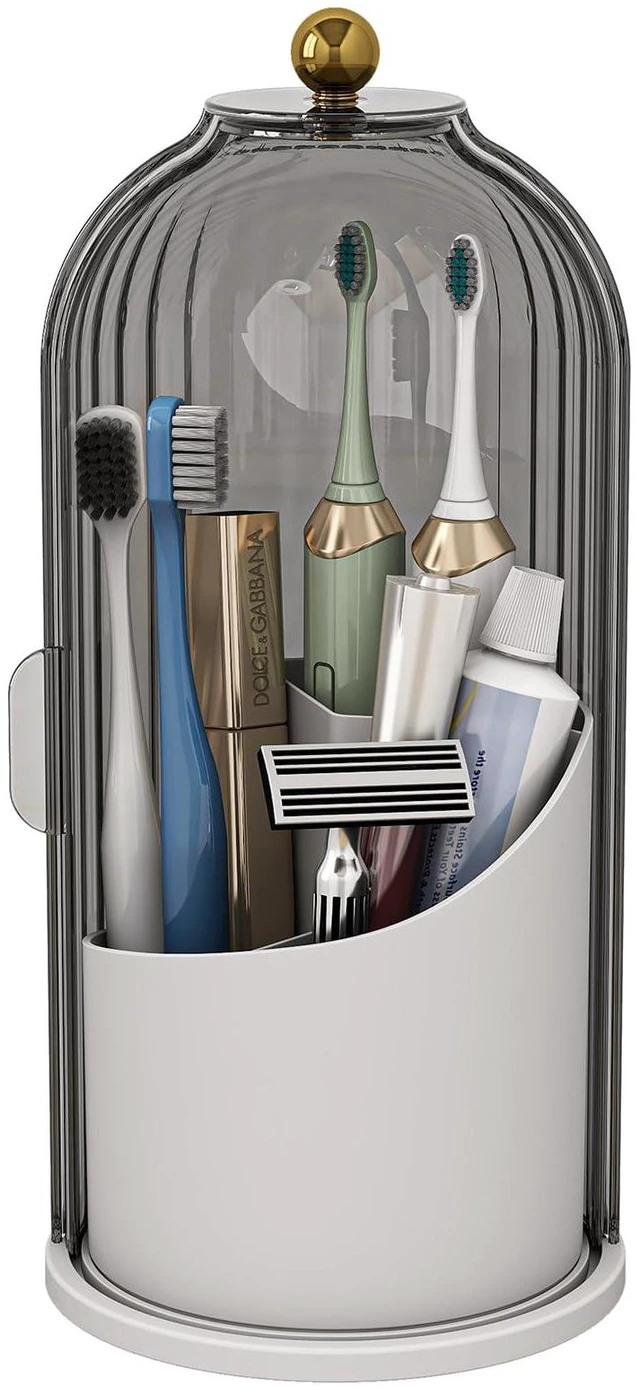 Main image of Waterproof Toothbrush Holder with 180° Rotating Cover, Grey White | Dustproof, 360° Rotating Base, Smooth Sliding Lid, Toothpaste Holder, 3 Slots, for Bathroom Countertop
