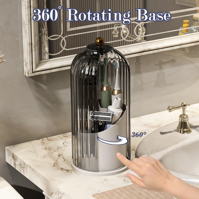 Alt view image 3 of 7 - Waterproof Toothbrush Holder with 180° Rotating Cover, Grey White | Dustproof, 360° Rotating Base, Smooth Sliding Lid, Toothpaste Holder, 3 Slots, for Bathroom Countertop