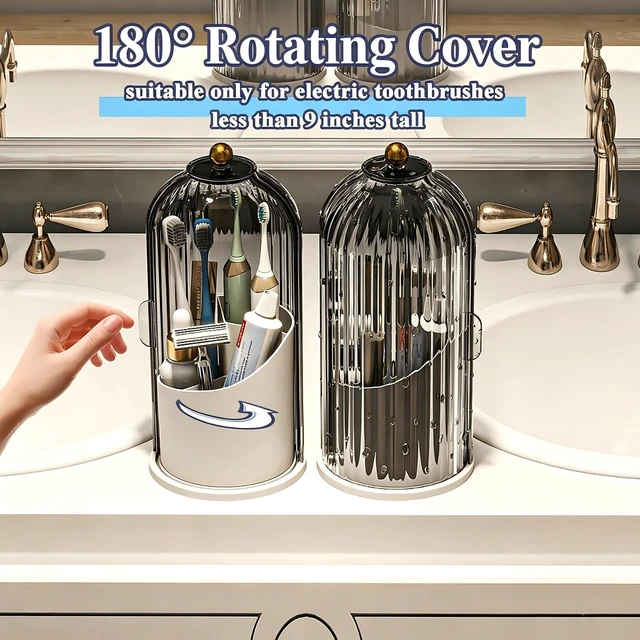 Alt view image 2 of 7 - Waterproof Toothbrush Holder with 180° Rotating Cover, Grey White | Dustproof, 360° Rotating Base, Smooth Sliding Lid, Toothpaste Holder, 3 Slots, for Bathroom Countertop