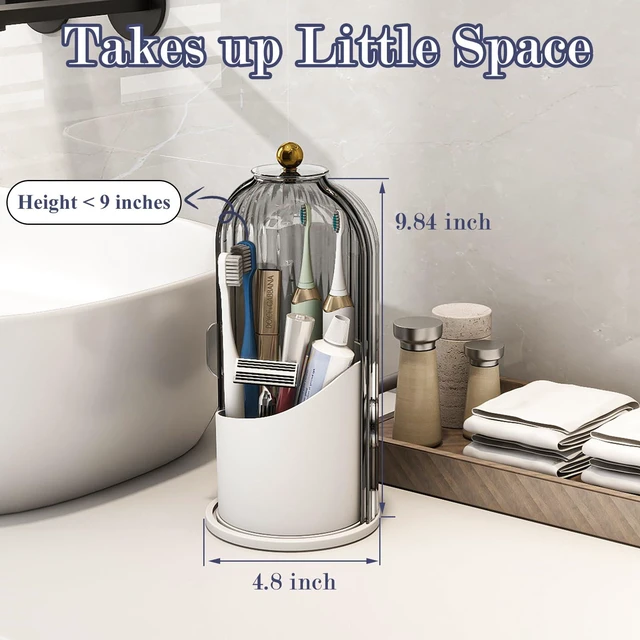Alt view image 6 of 7 - Waterproof Toothbrush Holder with 180° Rotating Cover, Grey White | Dustproof, 360° Rotating Base, Smooth Sliding Lid, Toothpaste Holder, 3 Slots, for Bathroom Countertop