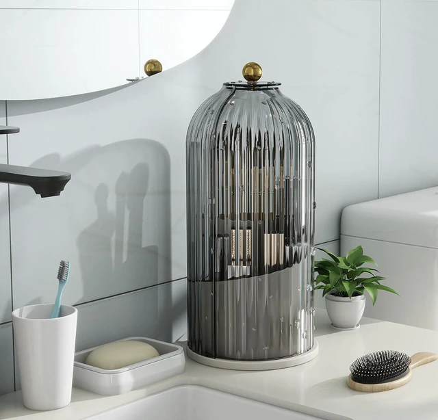 Alt view image 7 of 7 - Waterproof Toothbrush Holder with 180° Rotating Cover, Grey White | Dustproof, 360° Rotating Base, Smooth Sliding Lid, Toothpaste Holder, 3 Slots, for Bathroom Countertop