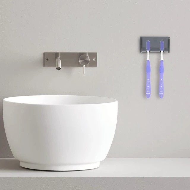 Alt view image 4 of 6 - Toothbrush Holder Wall Mounted with Cover for Bathroom, 2 Slots Toothbrush Storage Organizer for Shower, Self Adhesive Toothbrush Hanger Rack for Dorm, Cabinet (Grey)