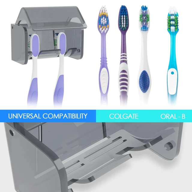 Alt view image 6 of 6 - Toothbrush Holder Wall Mounted with Cover for Bathroom, 2 Slots Toothbrush Storage Organizer for Shower, Self Adhesive Toothbrush Hanger Rack for Dorm, Cabinet (Grey)