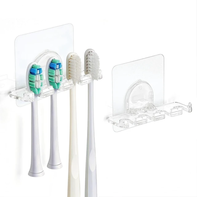 Main image of Adhesive Toothbrush Holders 2 Pack,4 Slots for Family, Clear | No Drill Wall Mounted, Holds 4 Replacement Heads or Toothbrushes, Quick Dry, Countertop Saver, For Bathroom & RV