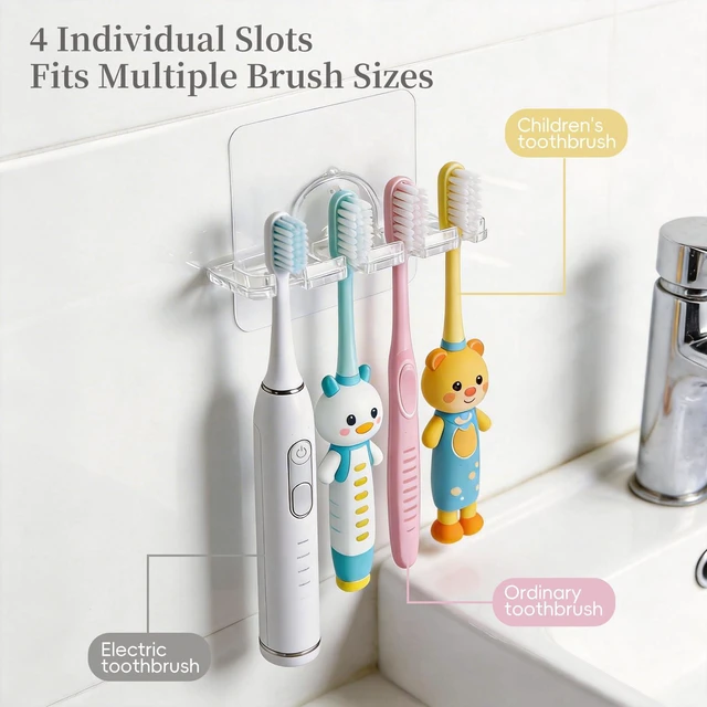 Alt view image 4 of 7 - Adhesive Toothbrush Holders 2 Pack,4 Slots for Family, Clear | No Drill Wall Mounted, Holds 4 Replacement Heads or Toothbrushes, Quick Dry, Countertop Saver, For Bathroom & RV