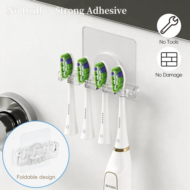 Alt view image 3 of 7 - Adhesive Toothbrush Holders 2 Pack,4 Slots for Family, Clear | No Drill Wall Mounted, Holds 4 Replacement Heads or Toothbrushes, Quick Dry, Countertop Saver, For Bathroom & RV