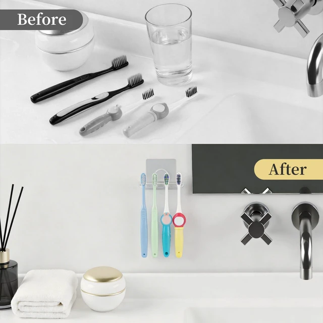 Alt view image 5 of 7 - Adhesive Toothbrush Holders 2 Pack,4 Slots for Family, Clear | No Drill Wall Mounted, Holds 4 Replacement Heads or Toothbrushes, Quick Dry, Countertop Saver, For Bathroom & RV