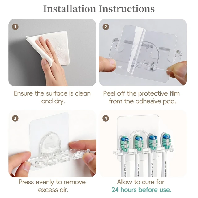 Alt view image 6 of 7 - Adhesive Toothbrush Holders 2 Pack,4 Slots for Family, Clear | No Drill Wall Mounted, Holds 4 Replacement Heads or Toothbrushes, Quick Dry, Countertop Saver, For Bathroom & RV