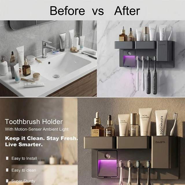 Alt view image 5 of 7 - Toothbrush Holders for Bathrooms Toothbrush Holders Wall Mounted with Magnetic Night Light-4 Toothbrush Slots, 3 Independent Storage Compartments Bathroom Decor All-in-One Organizers Accessories Black