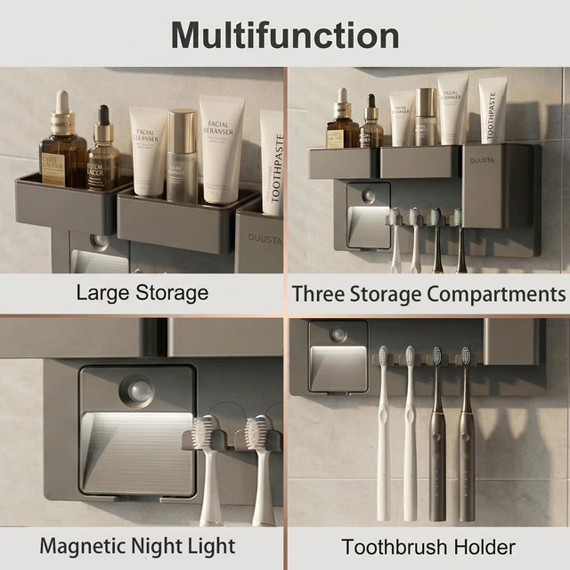 Alt view image 4 of 7 - Toothbrush Holders for Bathrooms Toothbrush Holders Wall Mounted with Magnetic Night Light-4 Toothbrush Slots, 3 Independent Storage Compartments Bathroom Decor All-in-One Organizers Accessories Black