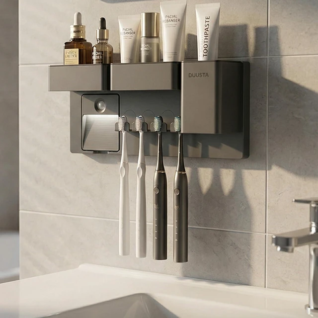 Main image of Toothbrush Holders for Bathrooms Toothbrush Holders Wall Mounted with Magnetic Night Light-4 Toothbrush Slots, 3 Independent Storage Compartments Bathroom Decor All-in-One Organizers Accessories Black