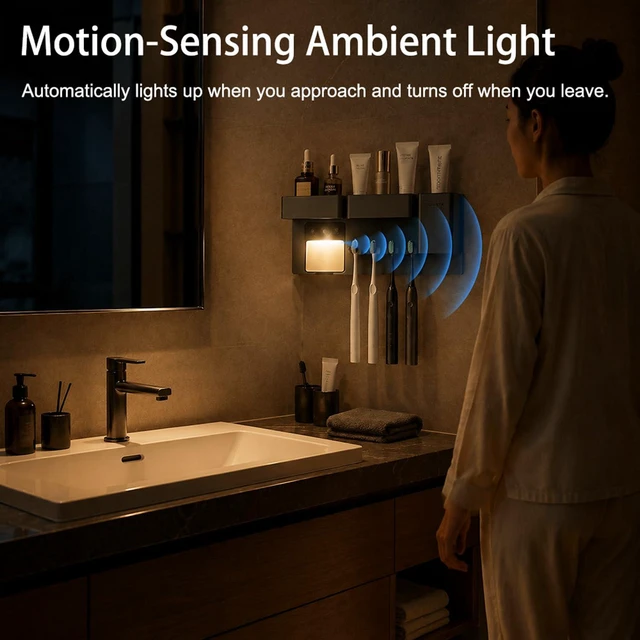 Alt view image 6 of 7 - Toothbrush Holders for Bathrooms Toothbrush Holders Wall Mounted with Magnetic Night Light-4 Toothbrush Slots, 3 Independent Storage Compartments Bathroom Decor All-in-One Organizers Accessories Black