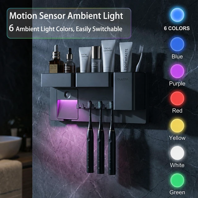 Alt view image 7 of 7 - Toothbrush Holders for Bathrooms Toothbrush Holders Wall Mounted with Magnetic Night Light-4 Toothbrush Slots, 3 Independent Storage Compartments Bathroom Decor All-in-One Organizers Accessories Black