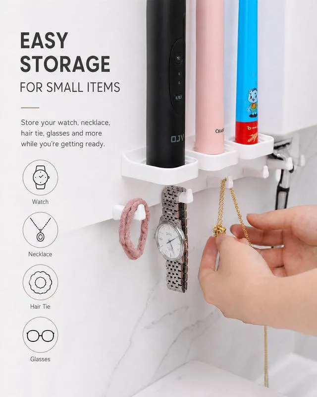 Alt view image 5 of 7 - Adhesive Electric Toothbrush Holder Wall Mounted (White) | no drilling required | adhesive installation | 2pcs self-adhesive tape included | abs plastic | with 6hooks | razor hanger