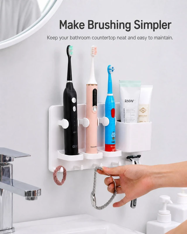 Alt view image 2 of 7 - Adhesive Electric Toothbrush Holder Wall Mounted (White) | no drilling required | adhesive installation | 2pcs self-adhesive tape included | abs plastic | with 6hooks | razor hanger