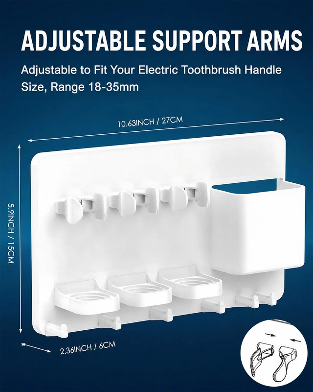 Alt view image 7 of 7 - Adhesive Electric Toothbrush Holder Wall Mounted (White) | no drilling required | adhesive installation | 2pcs self-adhesive tape included | abs plastic | with 6hooks | razor hanger