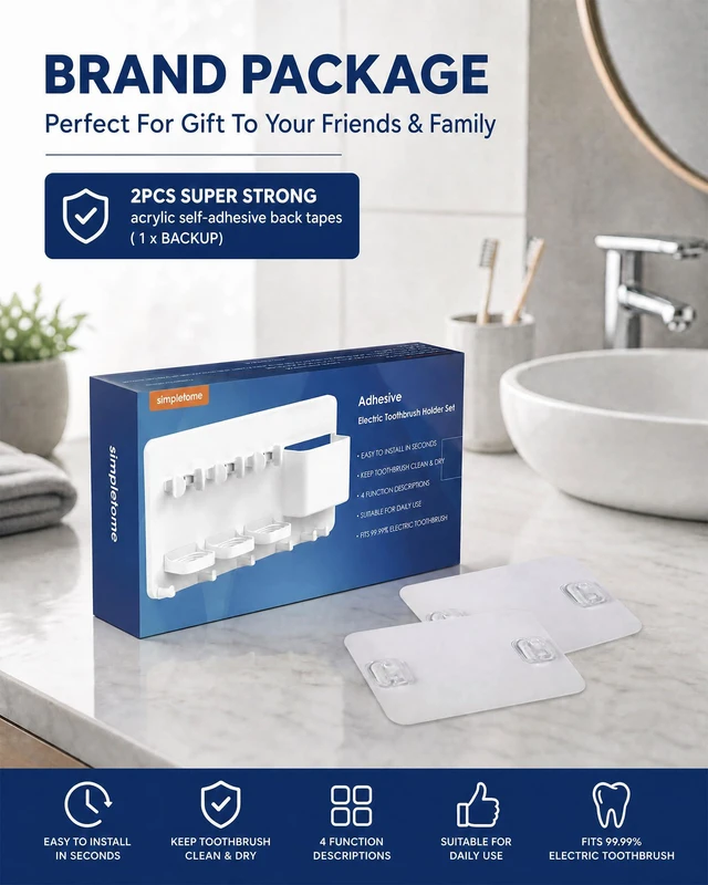 Alt view image 6 of 7 - Adhesive Electric Toothbrush Holder Wall Mounted (White) | no drilling required | adhesive installation | 2pcs self-adhesive tape included | abs plastic | with 6hooks | razor hanger