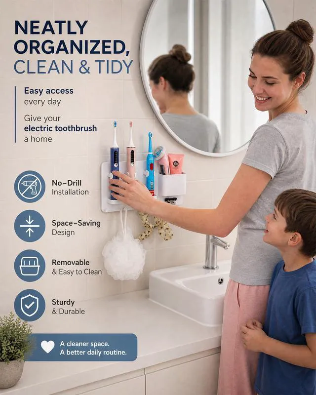 Alt view image 3 of 7 - Adhesive Electric Toothbrush Holder Wall Mounted (White) | no drilling required | adhesive installation | 2pcs self-adhesive tape included | abs plastic | with 6hooks | razor hanger